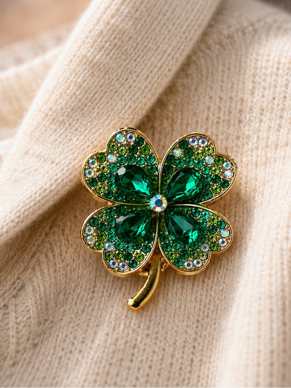 Green Crystal Four-Leaf Clover Brooch